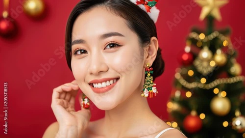 Christmas Smile: A young Asian woman with festive holiday earrings smiles warmly in front of a beautifully decorated Christmas tree, embodying the joy and spirit of the season.