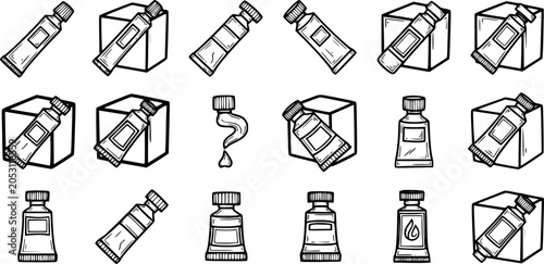 Art Supplies Black and White Line Art Doodle Icons Set. Creative Paint Tubes and Bottles for Artists, Hobbies, and Crafts.