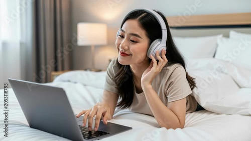 Relaxing Afternoon Online: A young woman with headphones enjoys her laptop on a bed, surrounded by cozy blankets, indicating a moment of leisure and digital connection.