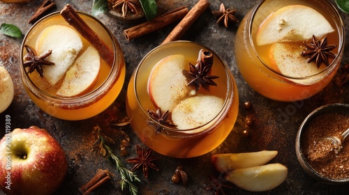 Close up of refreshing apple cider drinks with cinnamon and anise
