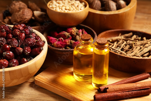 Bottles of essential oil, d...