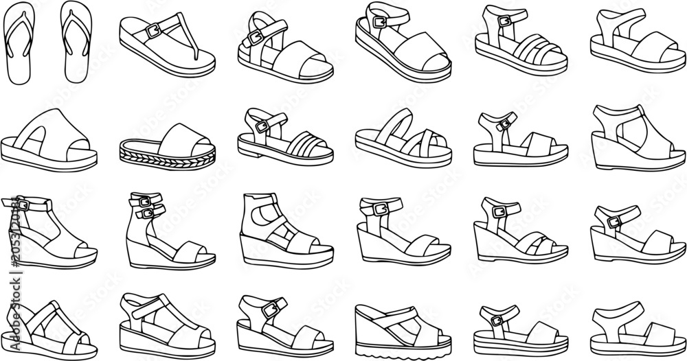 Obraz premium Black and White Line Art Collection of Diverse Women's Sandals and Flip-flops for Fashion Industry