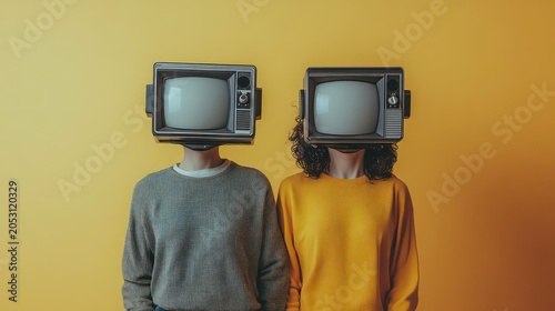 Two figures with tv heads symbolize media influence and cancel culture.