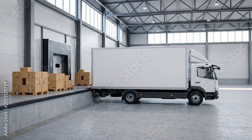 Delivery truck at a warehouse loading dock with parcels
