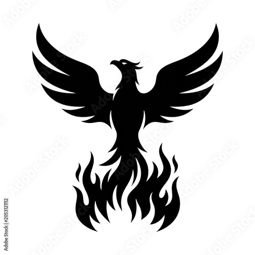 Stylized Outline Phoenix Rising From Flames Graphic