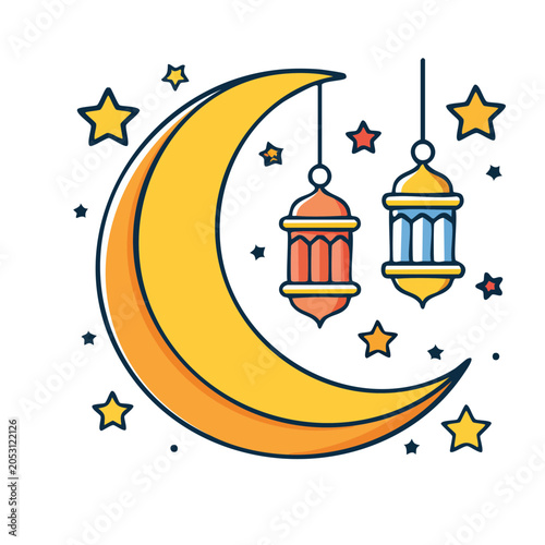 Moon with hanging lanterns and stars illustration