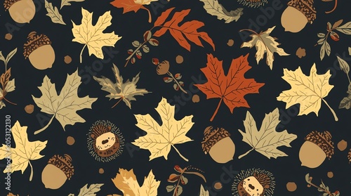 Autumn Leaves and Acorns Seamless Pattern.