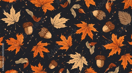Autumn Leaves and Acorns Pattern on Dark Background.