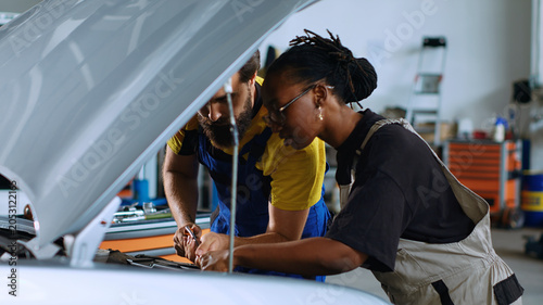 Foto Coworking technicians in car service using torque wrench to fix damaged automobile, with man and woman in repair shop servicing broken vehicle, checking for faulty transmission using professional