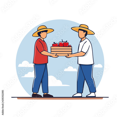 Two men exchanging a box of apples