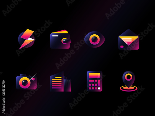 Neon Gradient Business and Utility Icons Set — Lightning, Wallet, Eye, Mail, Camera, Document, Calculator, Location