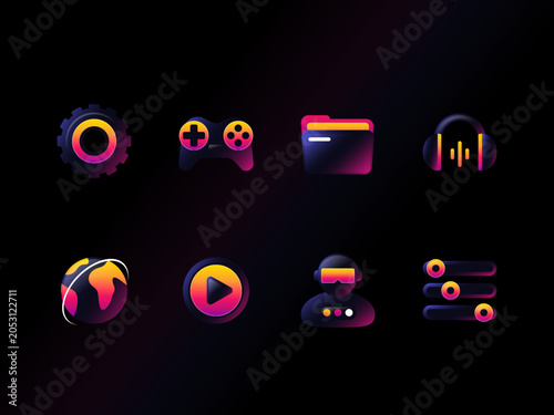 Futuristic Neon Gradient UI Icons Set — Gear, Gamepad, Folder, Headphones, Globe, Play, VR, Controls