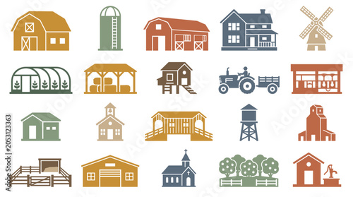 Collage of Colorful Flat Design Farm Buildings Vehicles and Rural Icons