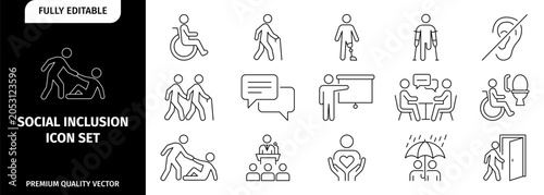 Social inclusion icon set with various people and accessibility symbols
