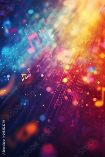 Abstract background with vibrant musical notes and bokeh lights.