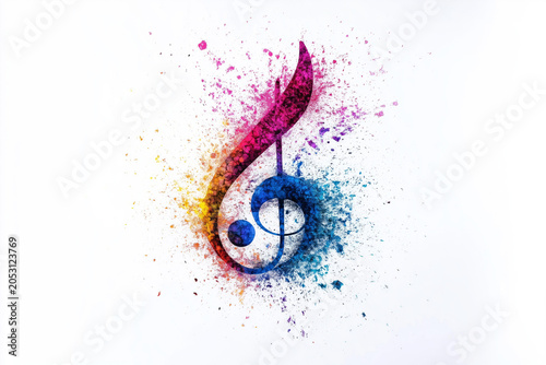 A vibrant musical treble clef symbol bursts with colorful powder against a white background.