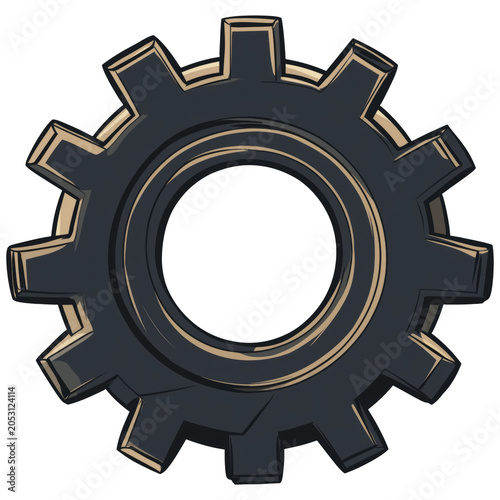 A stylized cartoon illustration of a black and gold gear on transparent background.