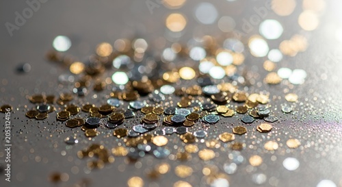 Sparkling Glitter and Bokeh Lights on a Reflective Surface.