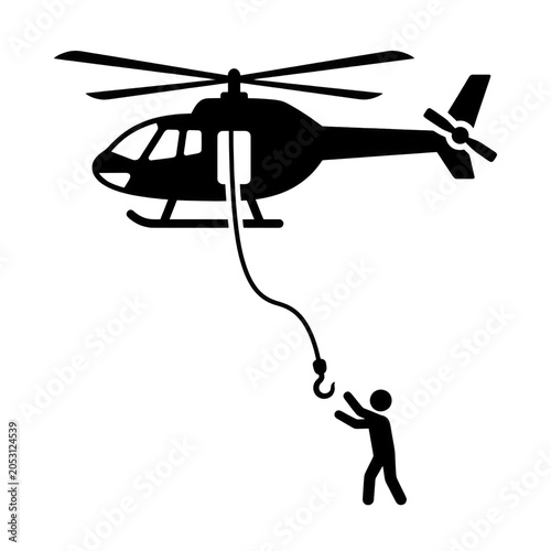 Silhouette of Helicopter Rescue Hoist Operation with Person Reaching