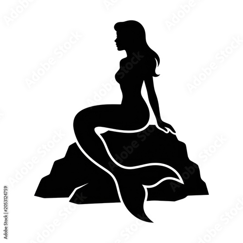 Silhouette of a Mermaid Sitting on a Rock Outline Graphic