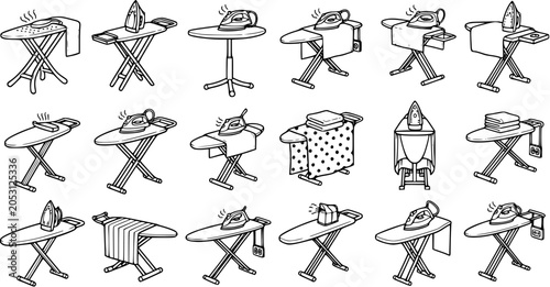Obraz na płótnie Household Laundry Ironing Boards and Irons Black and White Line Art Vector Set