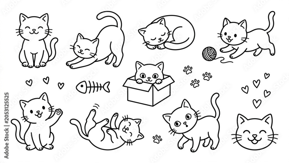 Obraz premium Playful Kitten Doodle Character Collection Cute Cats in Funny Everyday Poses