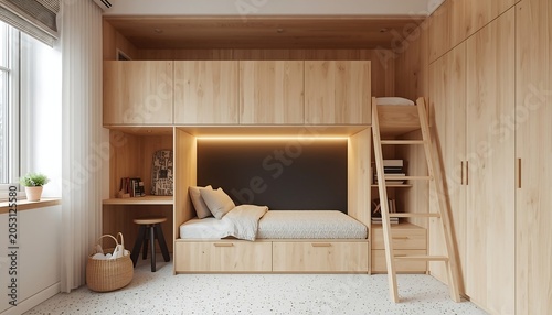 Modern minimalist bedroom interior with light wood furniture, builtin bed with storage, desk area, ladder to upper loft, and terrazzo flooring