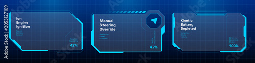 Cyberpunk HUD game interface frame template. Neon blue futuristic digital screen border panel design vector. Sci fi computer dashboard target callout graphic.