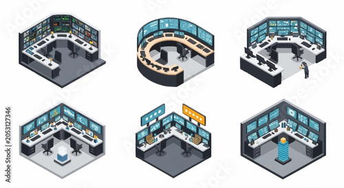Collection of isometric control rooms with multiple computer monitors and workstations, illustrating technology and data monitoring.