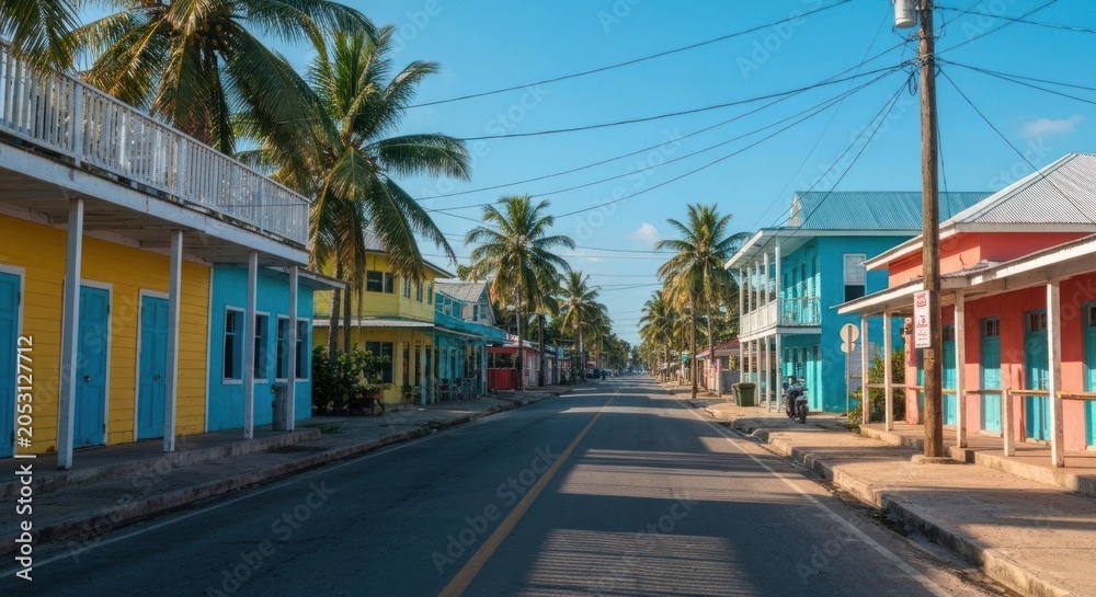 Obraz premium A colorful street lined with buildings and palm trees under a bright blue sky