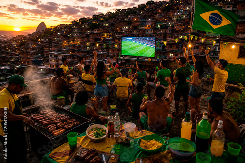 Friends watching soccer match on rooftop barbecue in Brazil