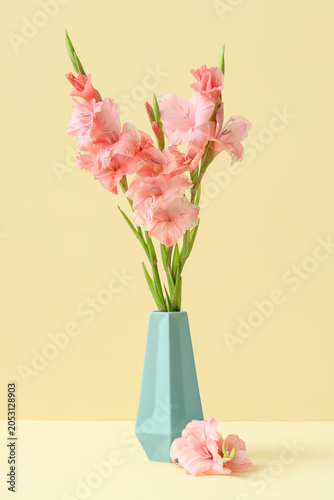 Vase with bouquet of beautiful gladiolus flowers on beige background