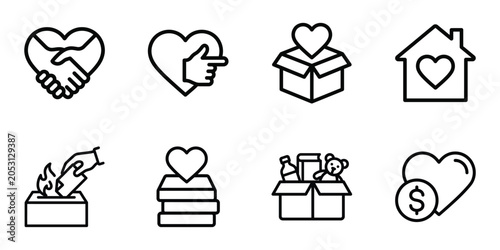 Foto Love and charity concept outline icons with donation kindness handshake compassi