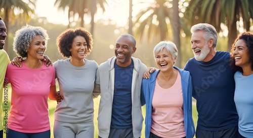 Diverse senior group laughing in outdoor park