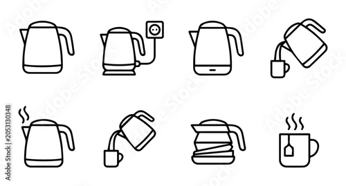 Bild auf Leinwand Electric Kettle Icon Set: Hot Water Pouring, Steaming, and Collapsible Design Ic