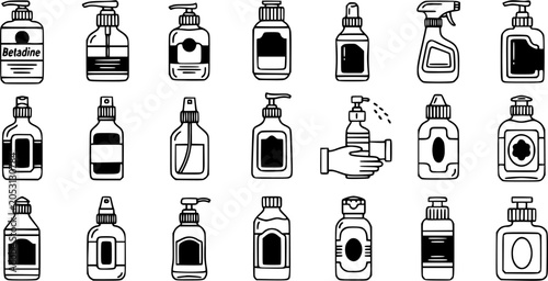 Foto Black and White Line Art Icons of Hand Sanitizer, Soap, and Disinfectant Bottles