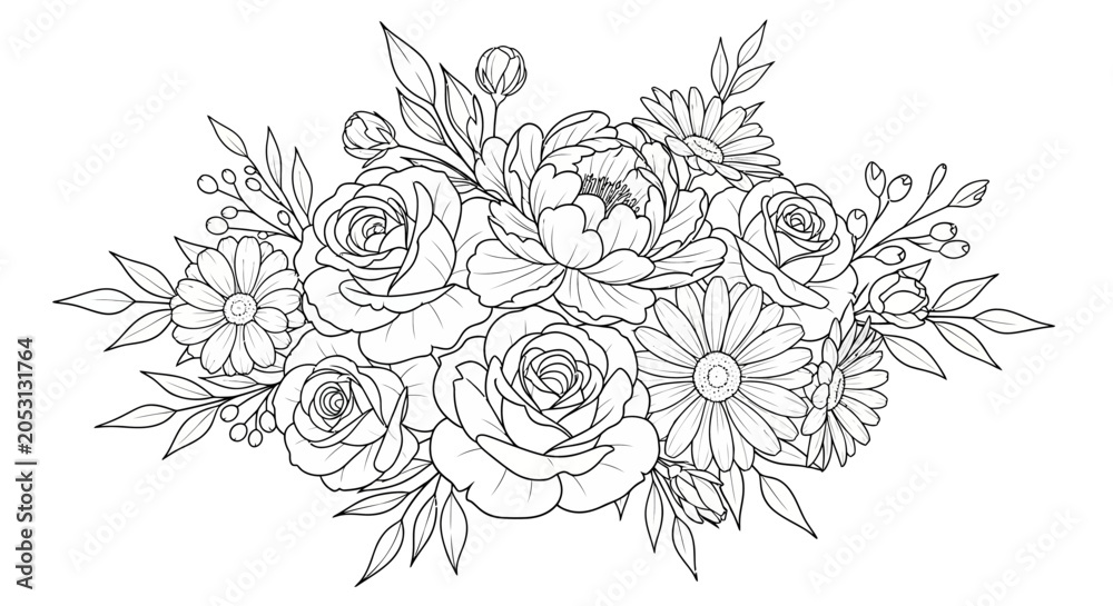 Fototapeta premium Elegant Botanical Floral Bouquet Line Art Illustration. Detailed Black and White Outline Drawing with Roses, Peonies, and Daisies.