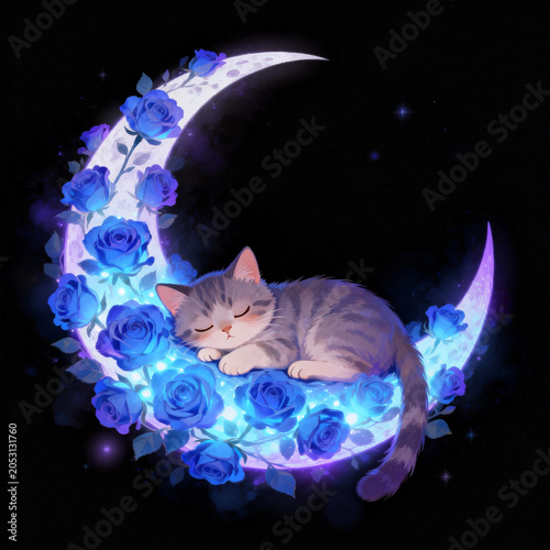 Sleeping Tabby Cat on a Crescent Moon with Blue Roses