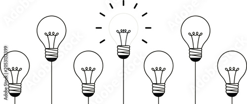 Fényképezés Illuminated light bulb with radiating lines among dark unlit bulbs on white back