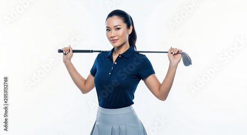 Woman in golf attire poses with club against white background