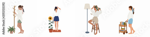 Bild auf Leinwand Set of flat illustrations of a woman engaged in various daily activities at home like gardening, organizing books, and relaxing, isolated on white