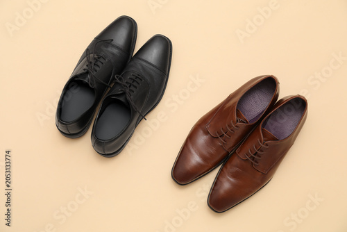 Obraz na plátně Different stylish male leather shoes on beige background