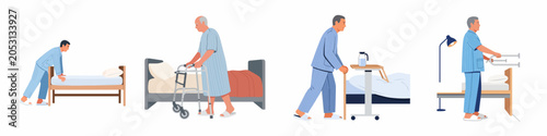 Foto Illustrations of elderly patients in hospital pajamas using various mobility aids and bedside equipment for support and recovery in a clinical setting