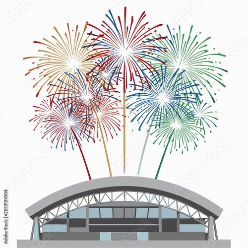 stadium night scene with fireworks vector illustration sports event celebration arena spectacle festival entertainment venue lights sky stars clouds field seats