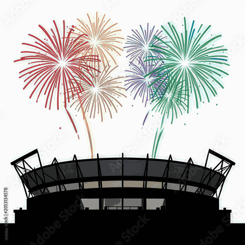 Stadium silhouettes with celebratory fireworks exploding above arena in black and white graphic style Festive Football Celebration Poster Template Fireworks Bursts Stadium Glow
