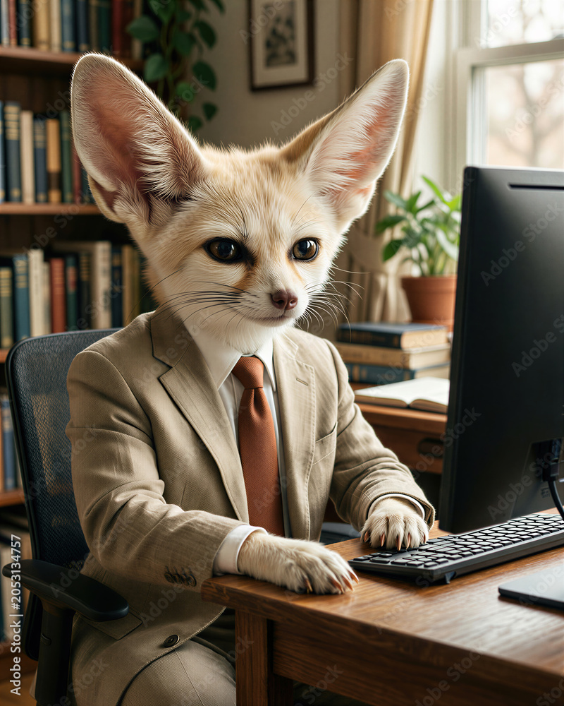 Fototapeta premium A pale cream fennec fox with oversized ears in a linen suit sits calmly observing a monitor with steady dark eyes, showing complete business focus in warm home office light.