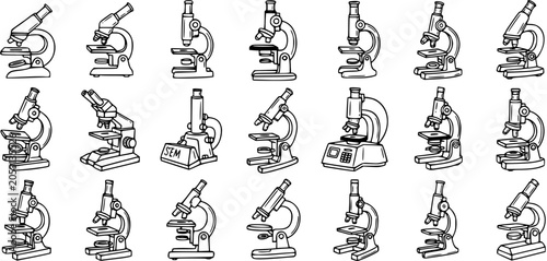 Tableau sur toile Black and White Line Art Illustration of Various Microscopes for Scientific Rese