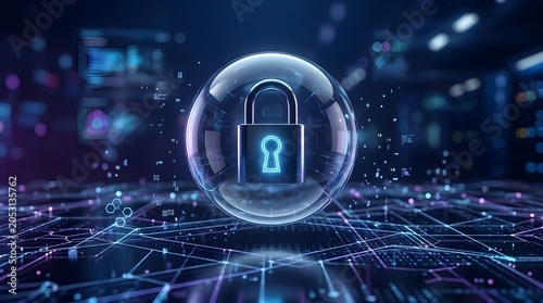 Digital padlock icon encased in crystal bubble over virtual data network grid background representing advanced cloud server encryption