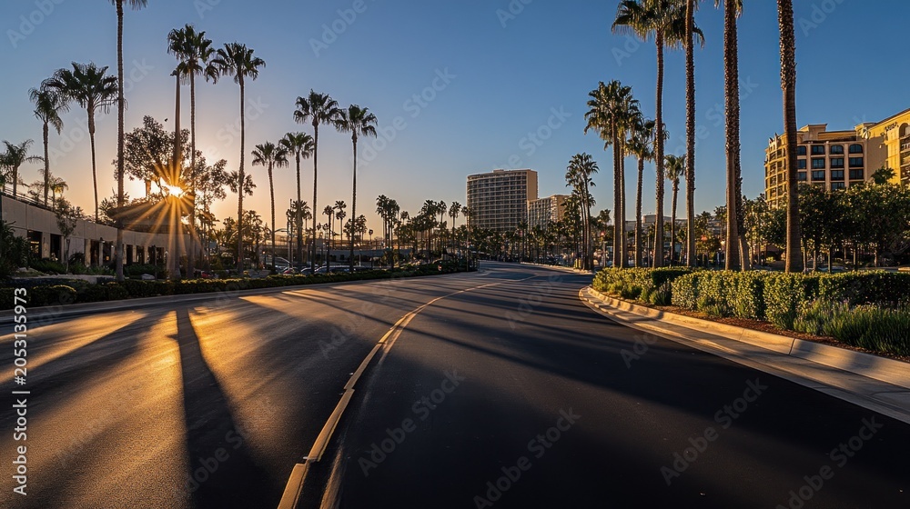 Obraz premium Palm trees line a road towards buildings during sunset