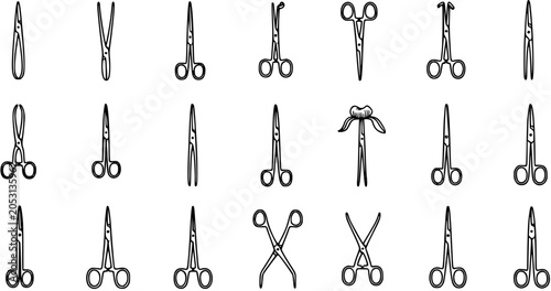 Tablou pe pânză Medical Scissors and Forceps Line Art Icons Set, Black and White Vector Illustra